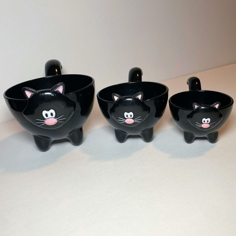 Set Of 3-Black Cat Kitchen Measuring Cups Joie Meow Stackable